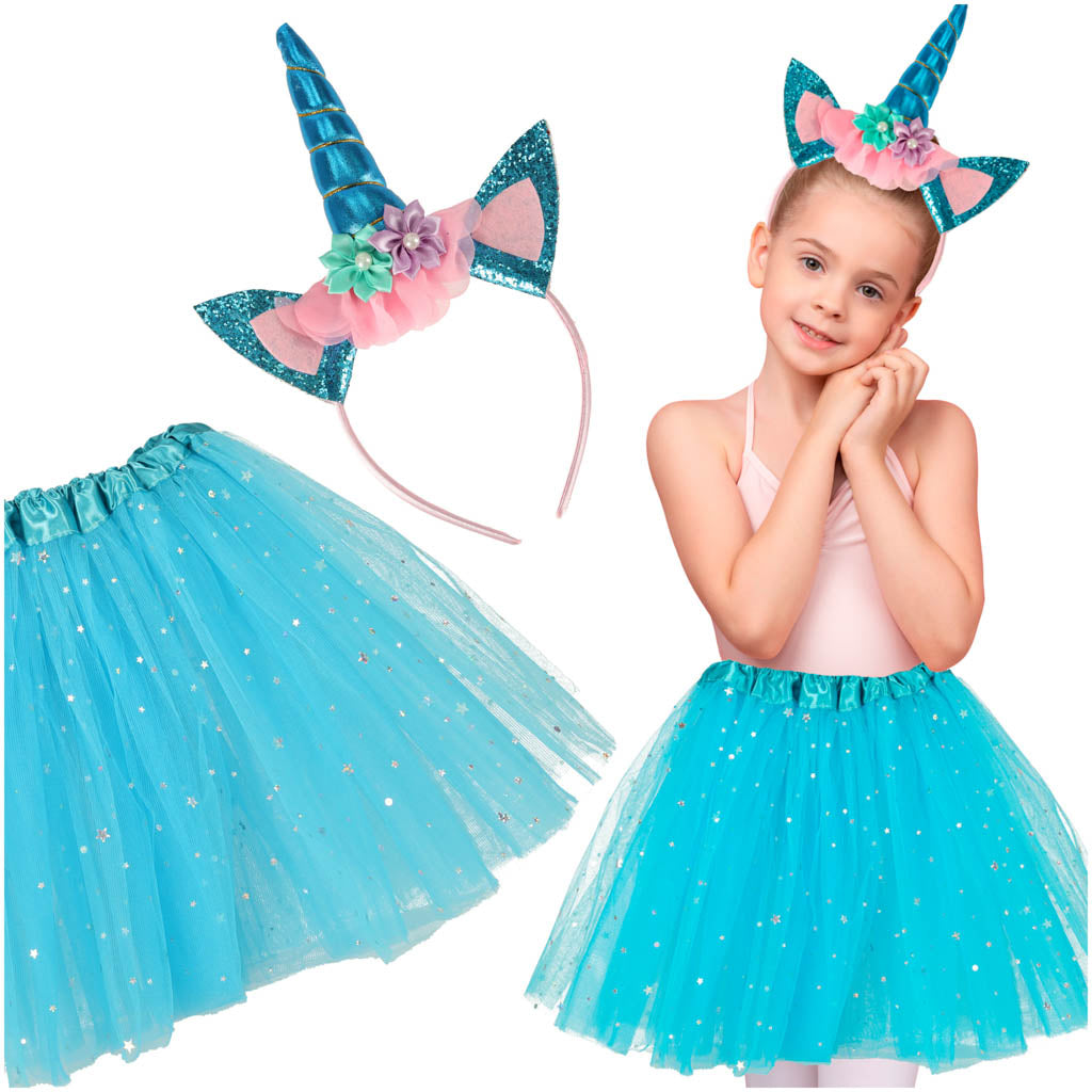 Costum carnaval pentru fetite, Zola®, model unicorn, fustita albastra cu stelute,varsta 3-6 ani Costum carnaval pentru fetite, Zola®, model unicorn, fustita albastra cu stelute,varsta 3-6 ani